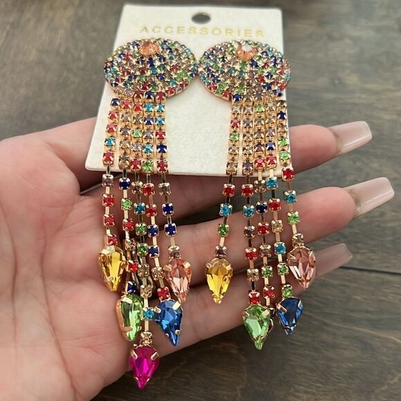 New Sphere Multi Rainbow Chandelier Dangle Arrow Fringe Sterling Silver Earrings - Picture 5 of 10